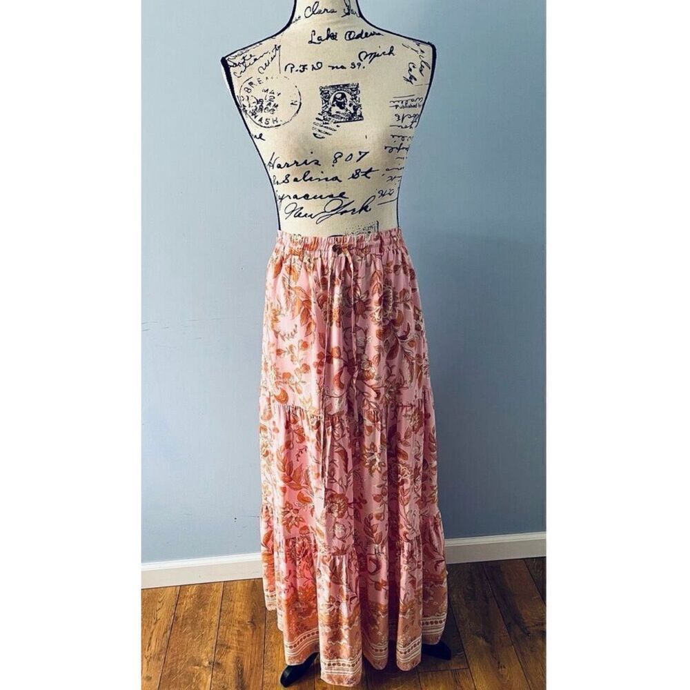 Petal & Pup Pink Floral Tiered Maxi Skirt Women's US 12 Cotton Boho Ruffle